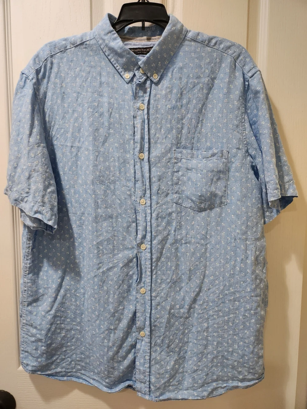 Banana Republic Blue Floral 100% Linen Camden Fit Short Sleeve Shirt Size L